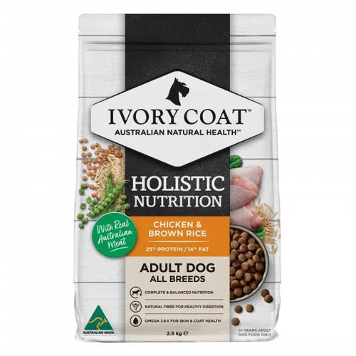 Ivory Coat dog food package with chicken and brown rice ingredients on a white background at Pet Servo