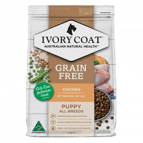 Ivory Coat grain-free puppy food package on a white background at Pet Servo