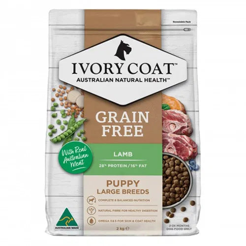 Ivory Coat grain-free puppy food package for large breeds on a white background at Pet Servo