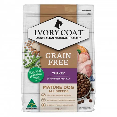 Ivory Coat grain-free dog food package with turkey flavor on a white background at Pet Servo