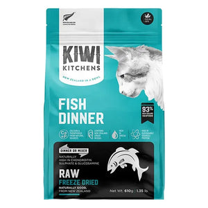 Kiwi Kitchens fish dinner cat food package on a white background 