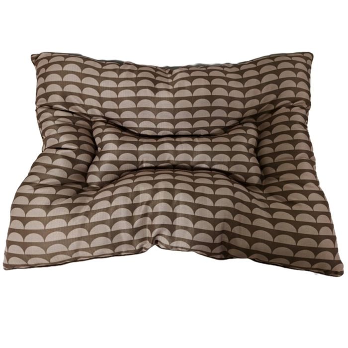 Brown pillow with geometric pattern on a white background