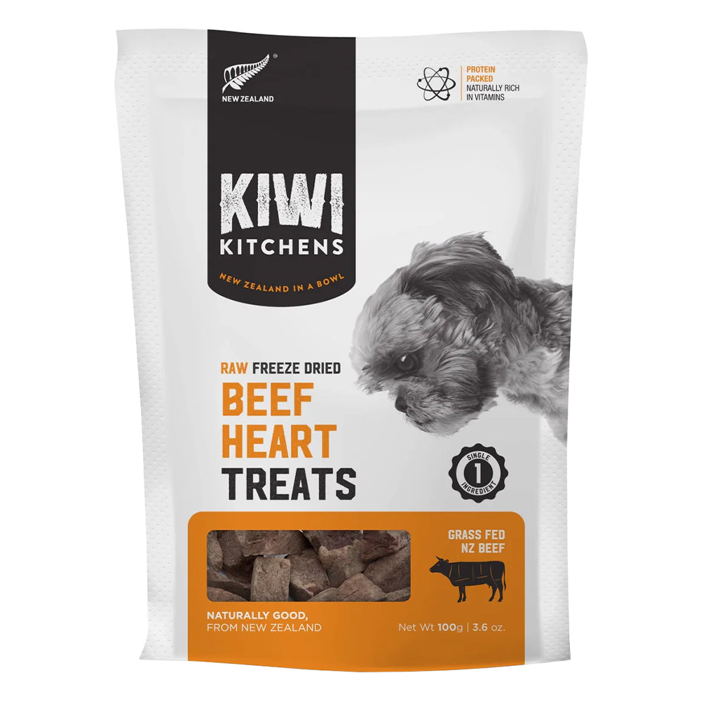 Package of Kiwi Kitchens raw freeze-dried beef heart treats for pets at Pet Servo.