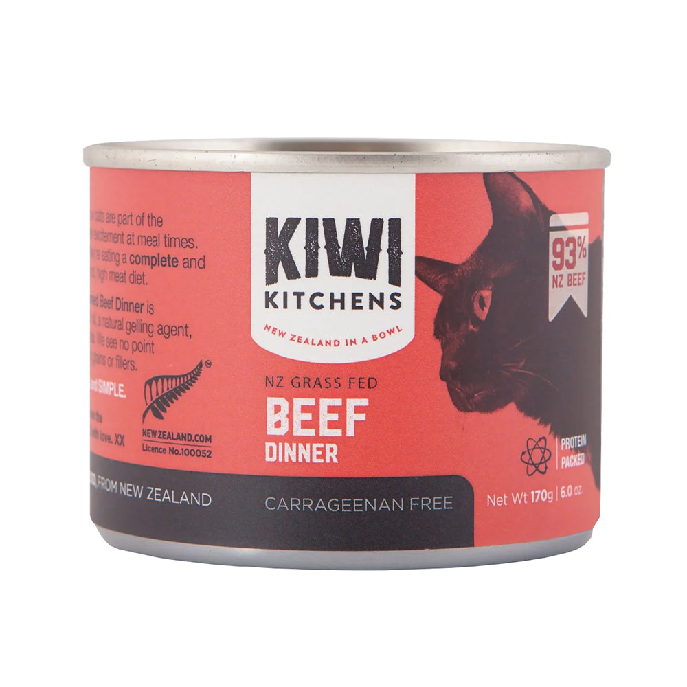 Can of Kiwi Kitchens NZ Grass Fed Beef Dinner for cats on a white background at Pet Servo