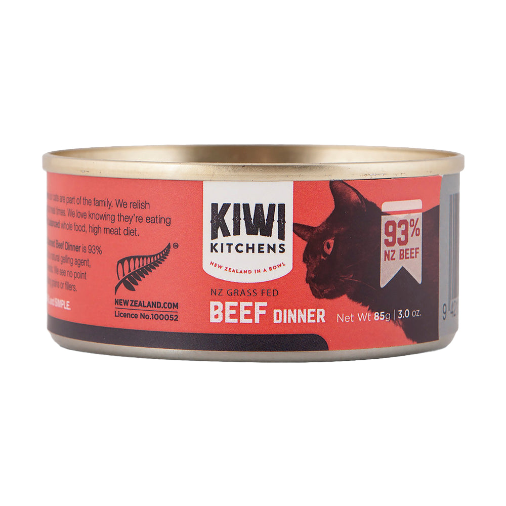 Canned beef dinner for cats from Kiwi Kitchens on a white background at Pet Servo