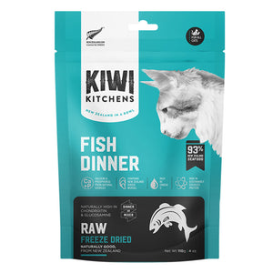 Kiwi Kitchens fish dinner cat food package on a white background at Pet Servo