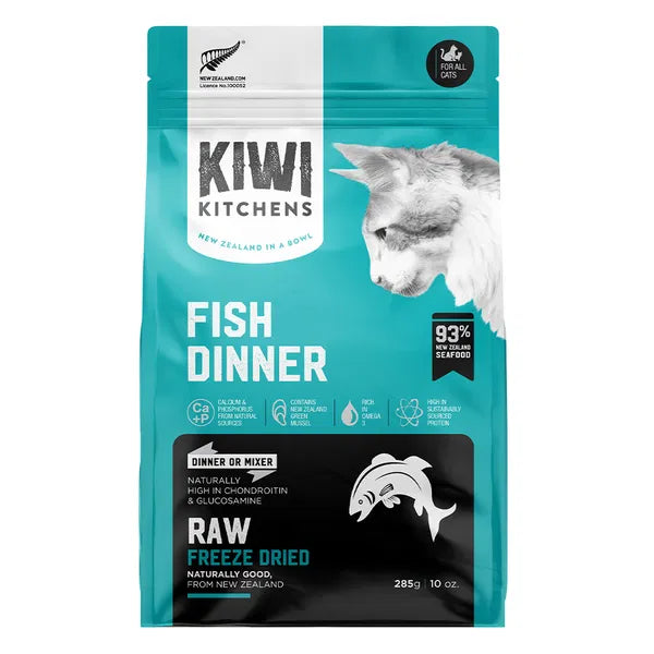 Kiwi Kitchens fish dinner cat food package on a white background at Pet Servo