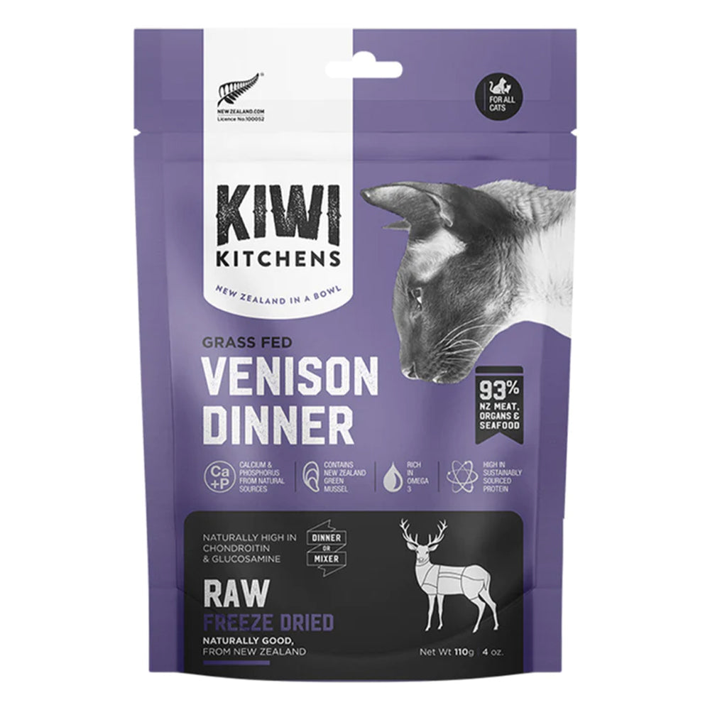 Kiwi Kitchens venison dinner raw freeze-dried pet food package on a white background at Pet Servo