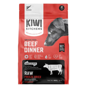 Dog food package from Kiwi Kitchens with a red and white design at Pet Servo