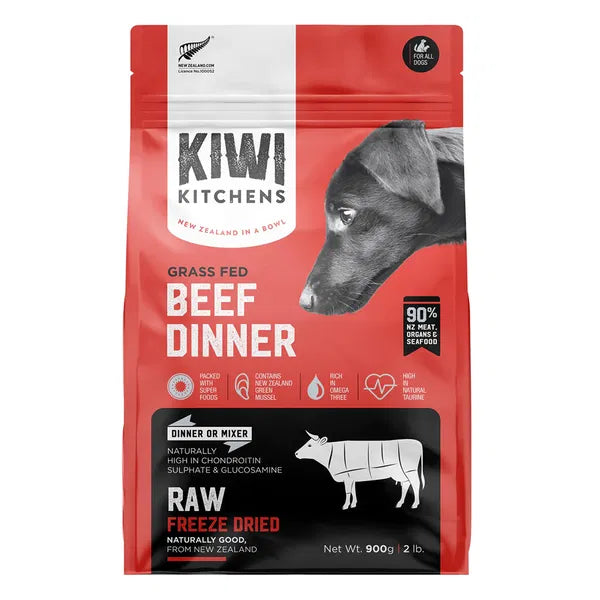 Dog food package from Kiwi Kitchens with a red and white design at Pet Servo