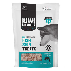 Kiwi Kitchens raw freeze-dried fish skin treats packaging with a dog's head on a white background at Pet Servo