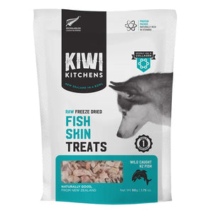 Kiwi Kitchens raw freeze-dried fish skin treats packaging on a white background at Pet Servo