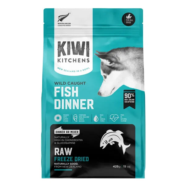 Kiwi Kitchens dog food package with teal and black design at Pet Servo