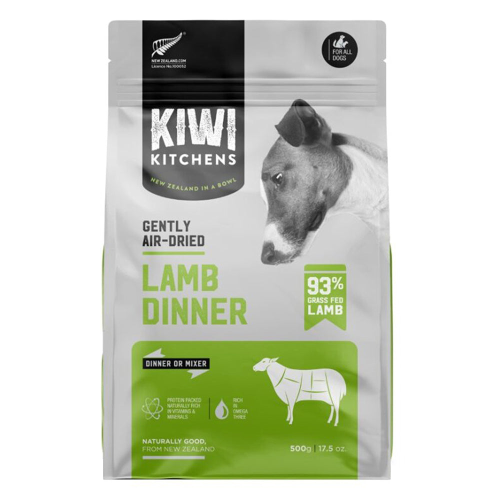Kiwi Kitchens lamb dinner dog food package on a white background at Pet Servo