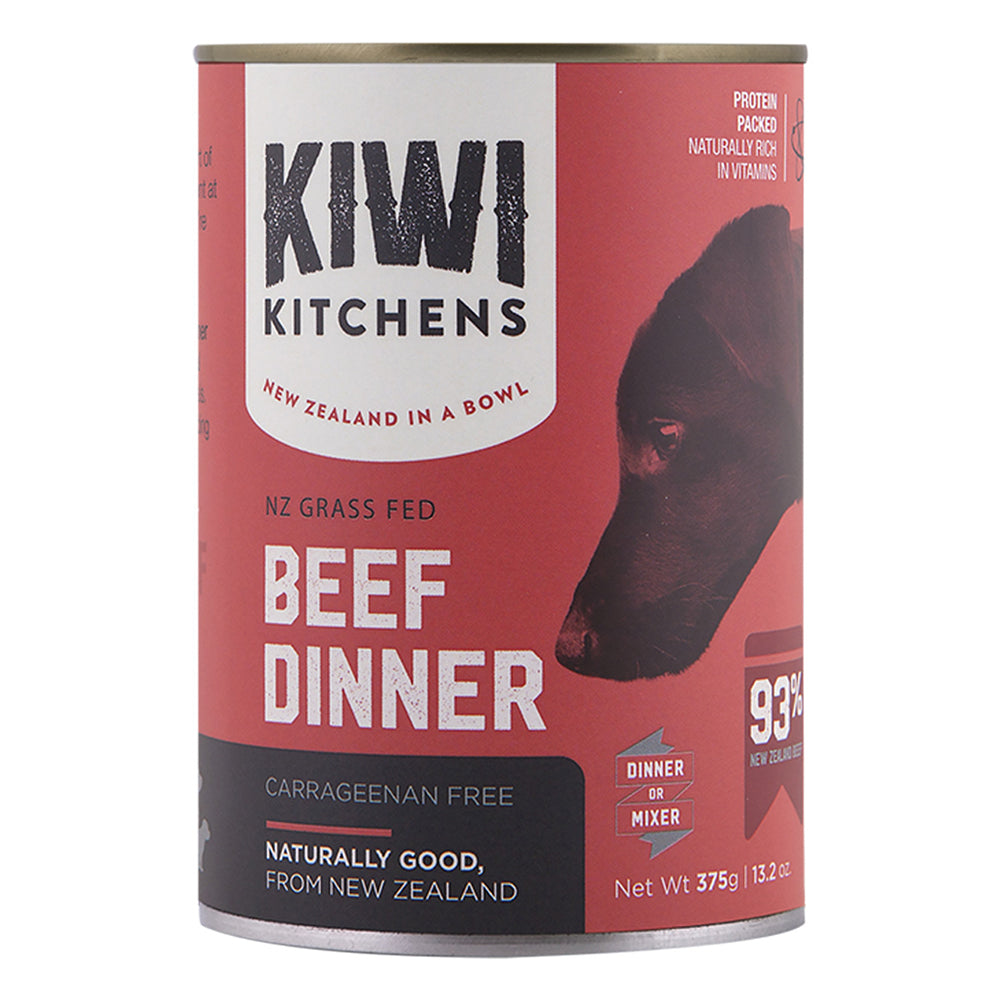 Can of Kiwi Kitchens NZ Grass Fed Beef Dinner on a white background at Pet Servo