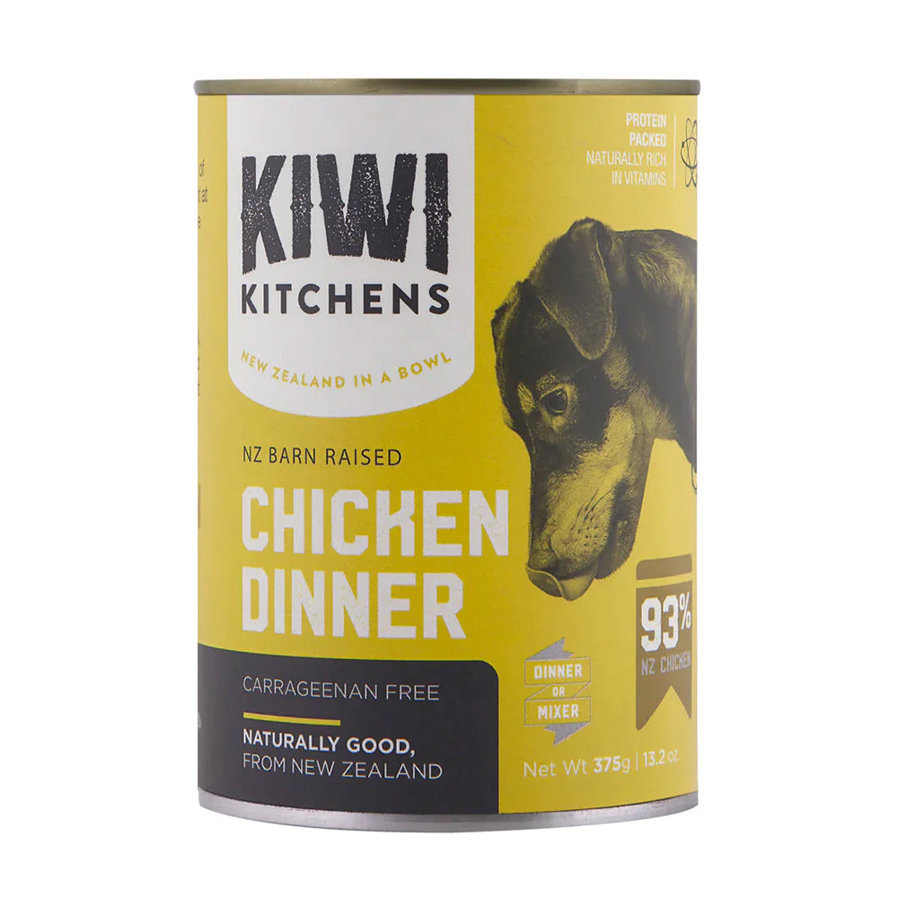 Can of Kiwi Kitchens chicken dinner for dogs on a white background at Pet Servo