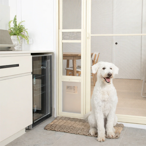 White dog sitting on a mat in front of a glass door with a view of a kitchen.