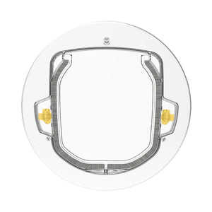 Clear plastic pet door with gold hardware on a white background