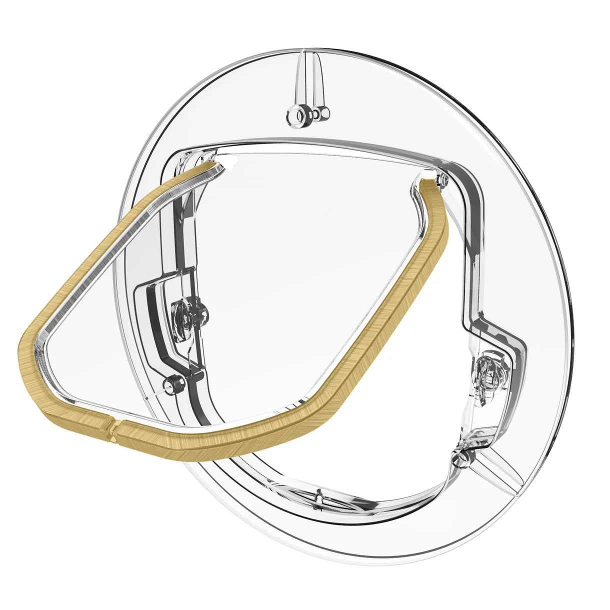 Clear face shield with gold frame on a white background