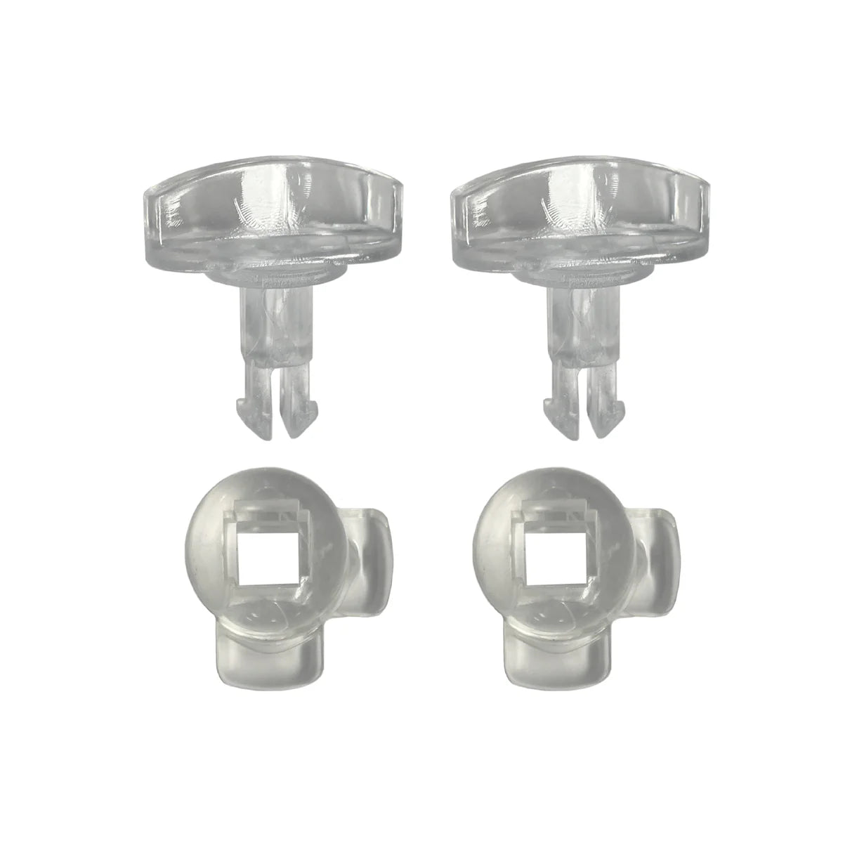 Four clear plastic clips on a white background