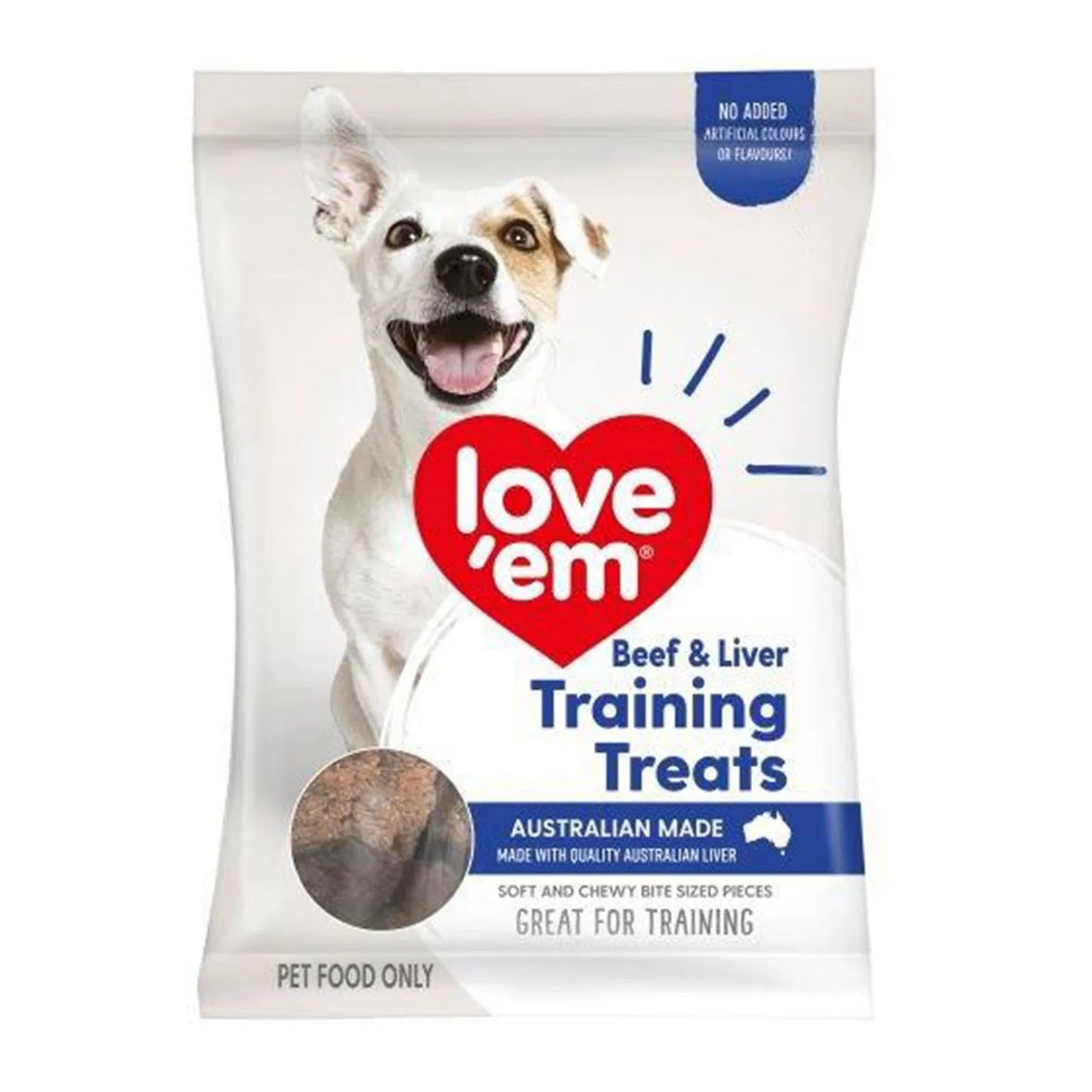 Bag of love 'em Beef & Liver Training Treats for dogs on a white background at Pet Servo