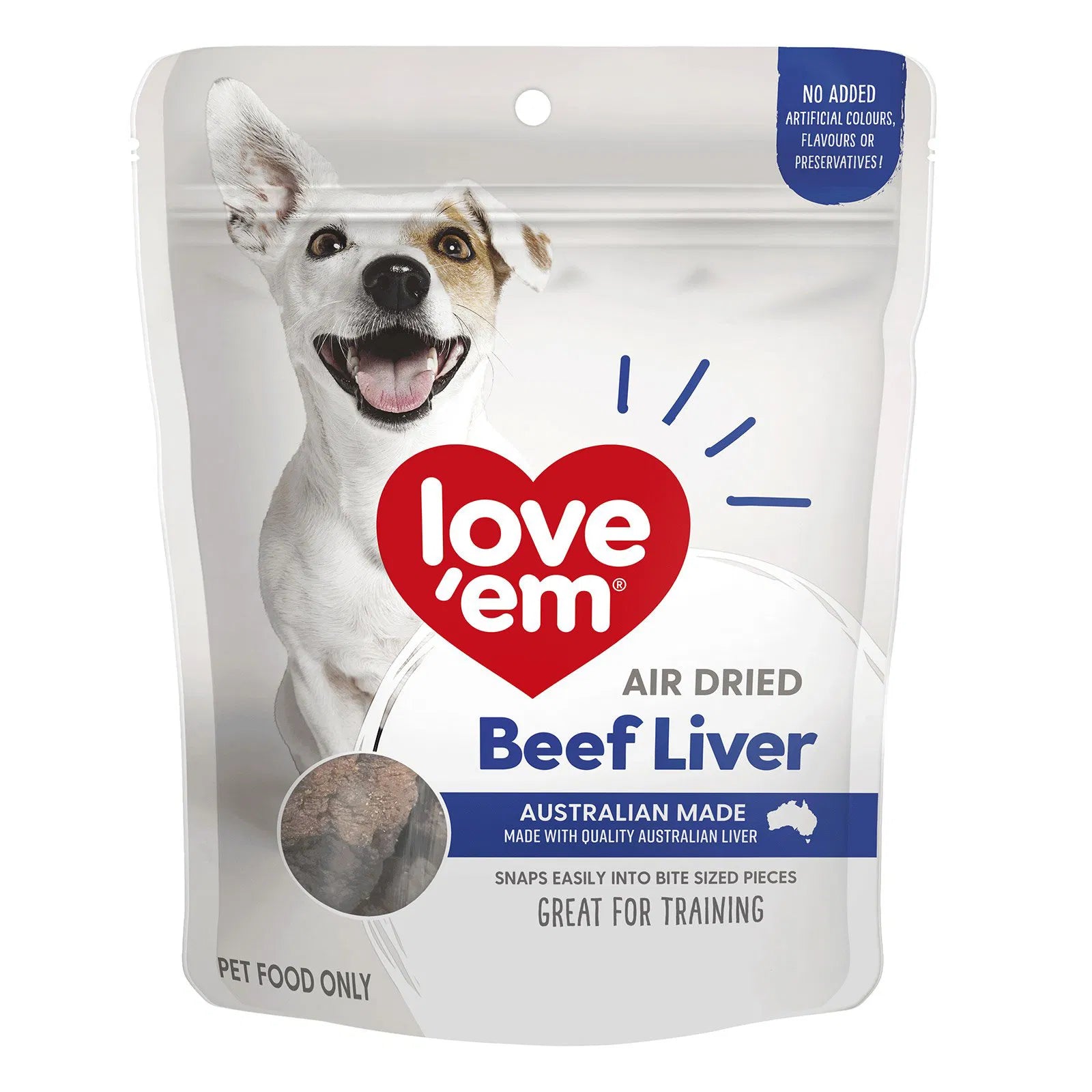 Package of Love 'em air dried beef liver pet food with a dog on the label at Pet Servo