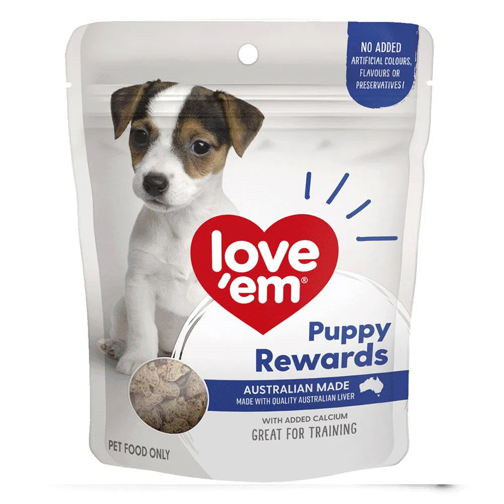 Pouch of 'love'em' puppy rewards with a puppy on the label at Pet Servo