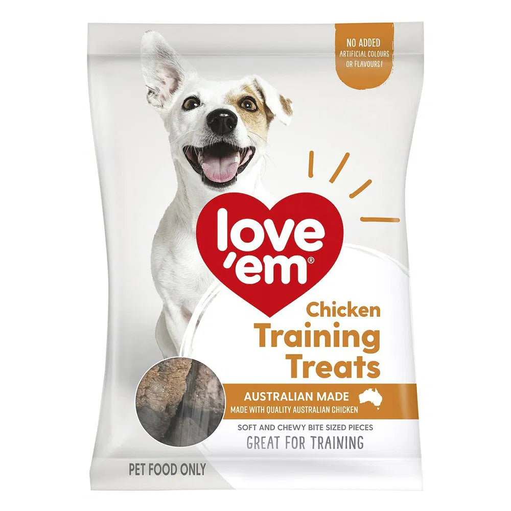 Bag of love'em Chicken Training Treats for dogs with a dog on the packaging at Pet Servo