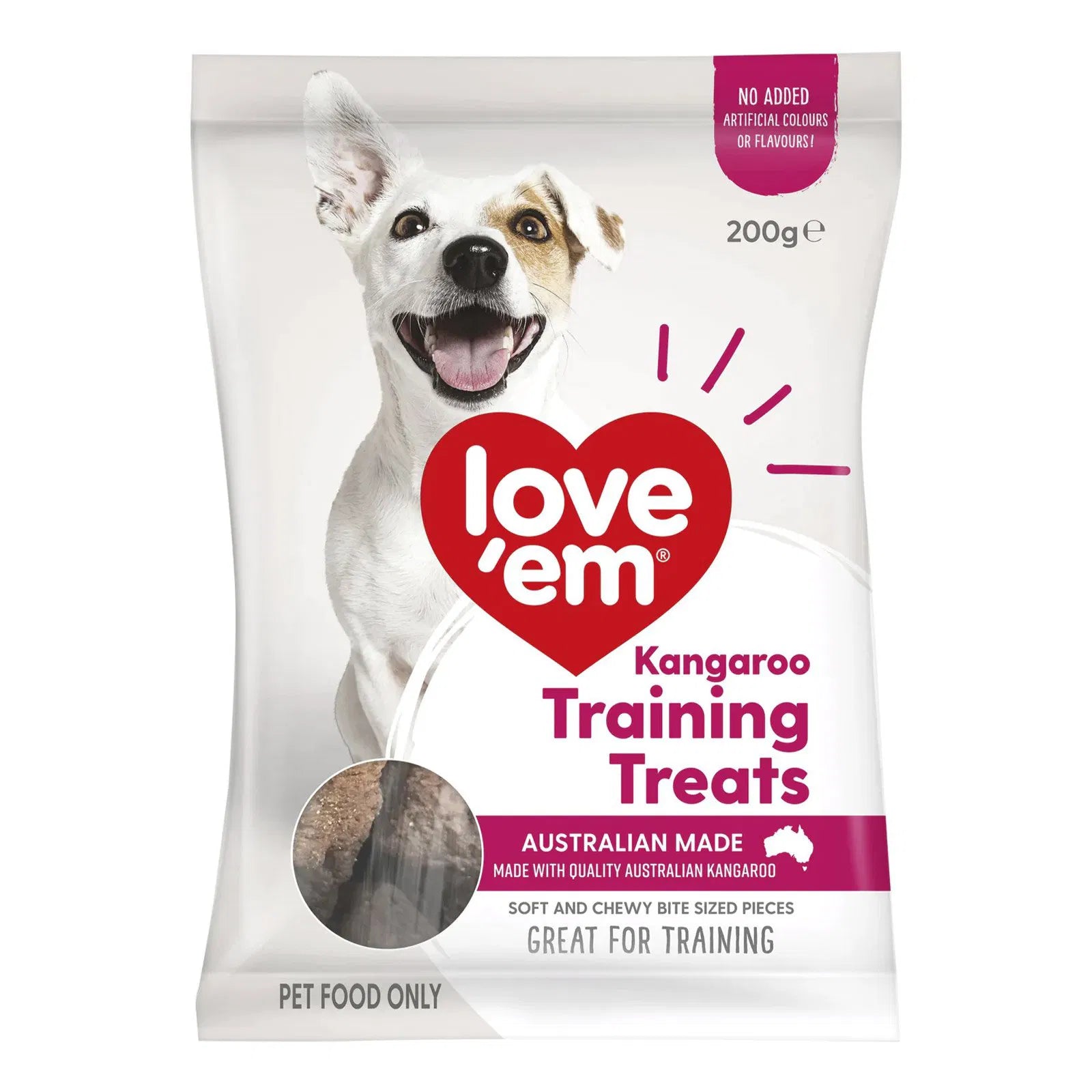 Bag of love'em Kangaroo Training Treats for dogs on a white background at Pet Servo