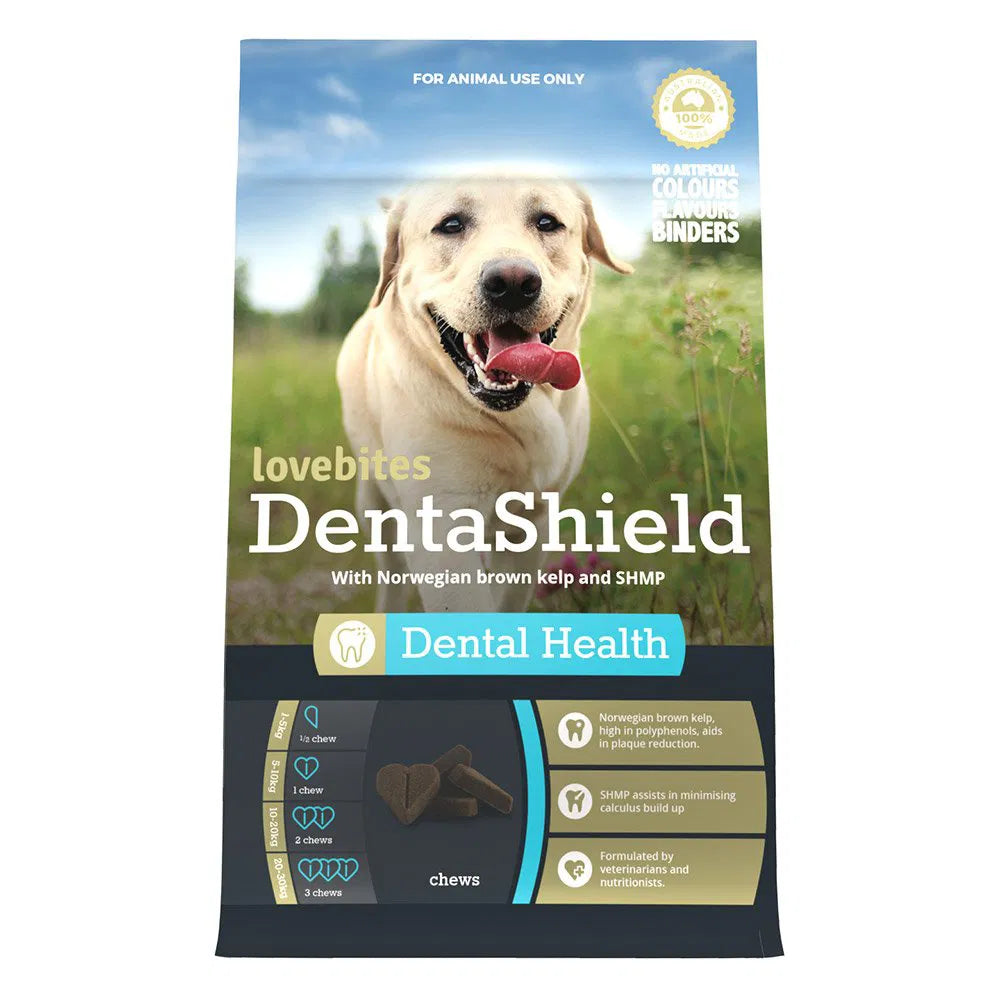 DentaShield dental health chews packaging for dogs with a dog eating a treat on a grassy field background at Pet Servo