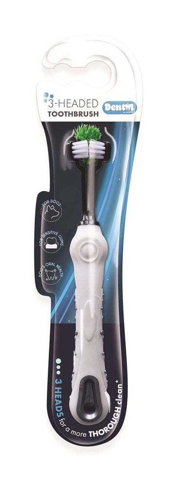 A 3-headed toothbrush in its retail blister packaging, featuring a white and black handle with green and white bristles on each head at Pet Servo