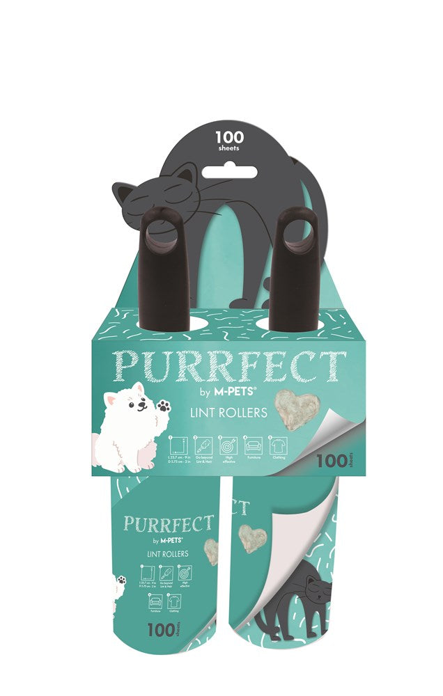 A pack of Purrfect by M-Pets pet lint rollers, featuring a teal cardboard display with illustrations of a black cat and a white dog, holding two cylindrical roll-up lint rollers at Pet Servo