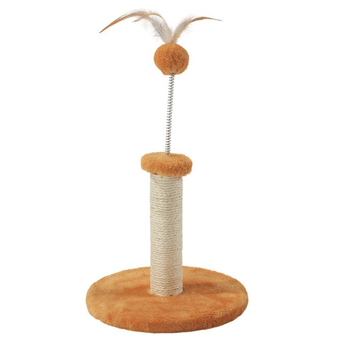 A cat scratching post toy with a round orange base, a wrapped central pole, a small orange ball topper, and two feathers on a spring, shown on a plain white background at Pet Servo