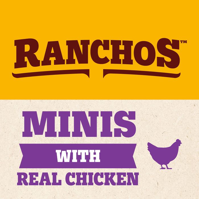 Ranchos Minis with Real Chicken packaging graphic featuring the Ranchos logo in dark red on a yellow background, and 'MINIS WITH REAL CHICKEN' in purple and white on a textured off-white background, with a purple chicken silhouette.