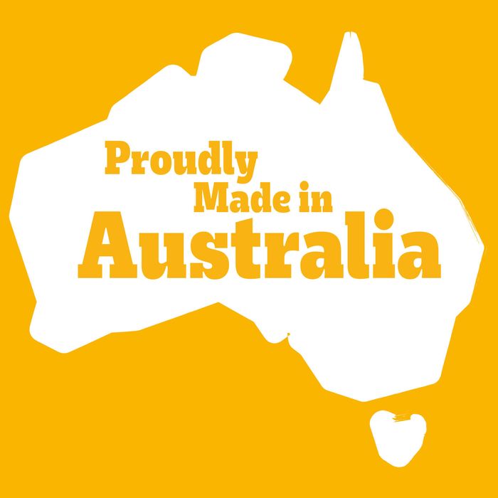 A graphic with a white silhouette of Australia on a bright yellow background, with the text 'Proudly Made in Australia' in yellow lettering.
