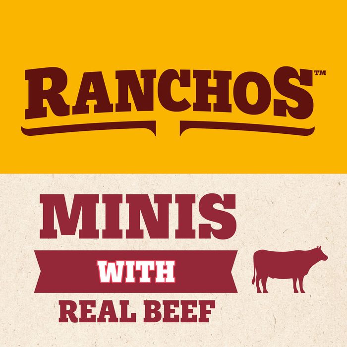 Ranchos Minis with Real Beef graphic featuring the Ranchos logo in dark red on a mustard yellow background, with 'MINIS WITH REAL BEEF' and a cow silhouette on a cream textured background below.
