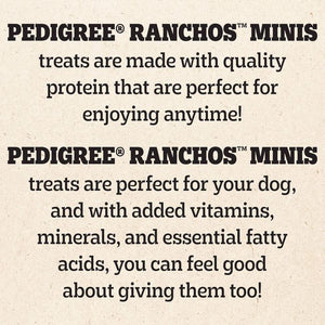 Text-only promotional graphic for Pedigree Ranchos Minis dog treats on a light beige textured background, with black serif headings and body copy.