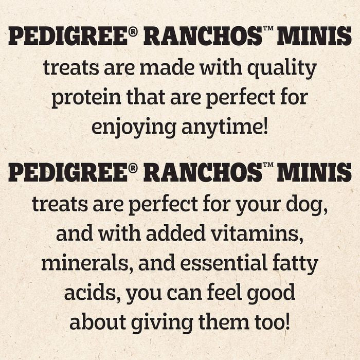 Text-only promotional graphic for Pedigree Ranchos Minis dog treats on a light beige textured background, with black serif headings and body copy.