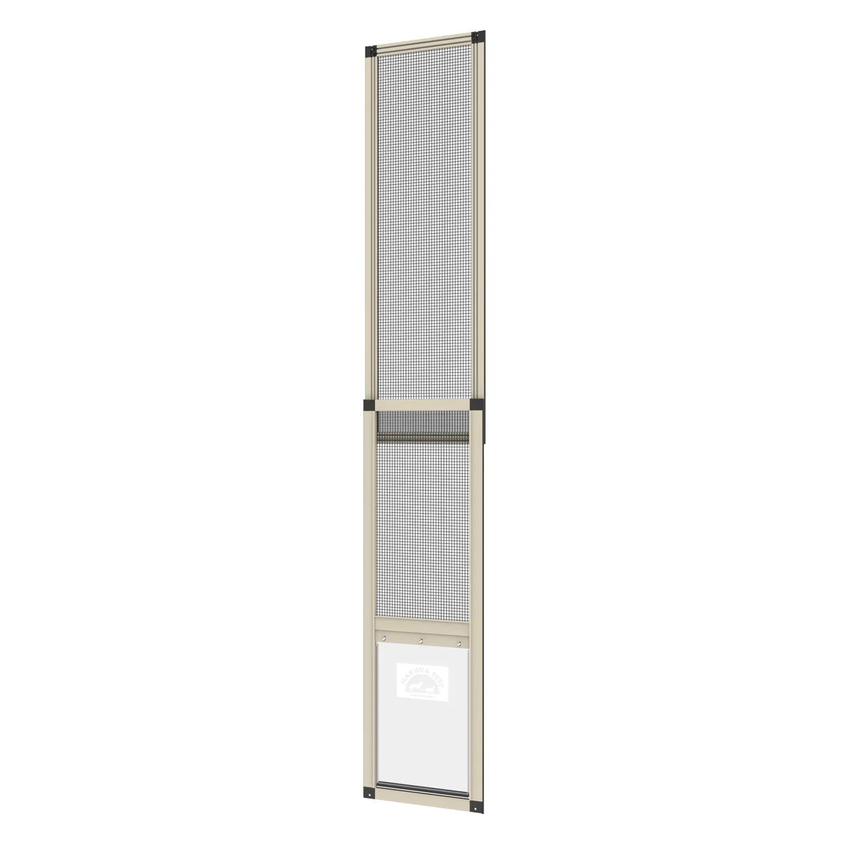 Screen door with beige frame and mesh on a white background