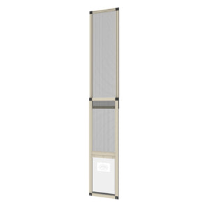 Screen door with beige frame and mesh on a white background