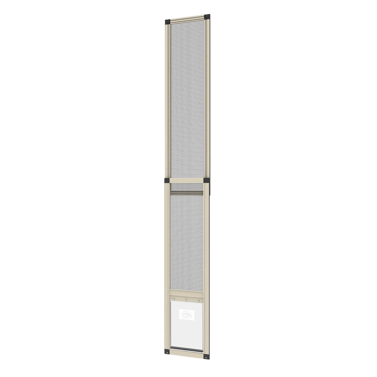 Screen door with beige frame and mesh on a white background