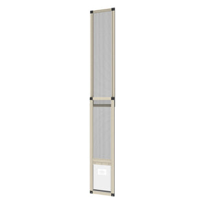 Screen door with beige frame and mesh on a white background