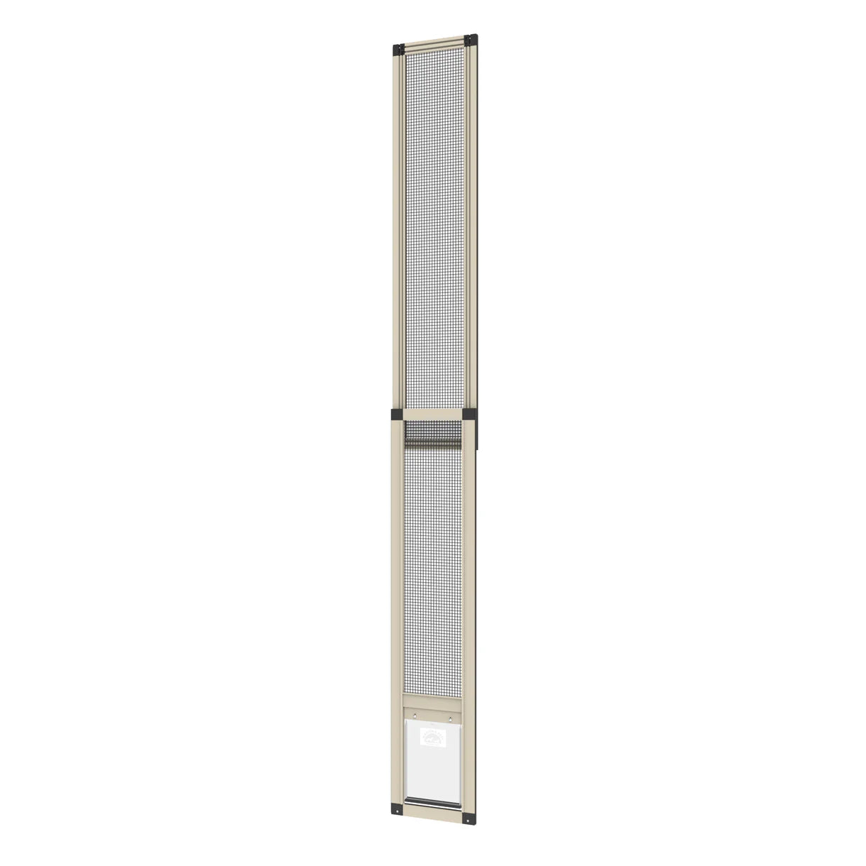 Tall vertical screen door with beige frame and clear glass panel on a white background