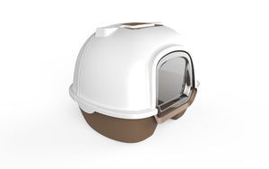 Pet litter box with a white top and brown base on a white background at Pet Servo