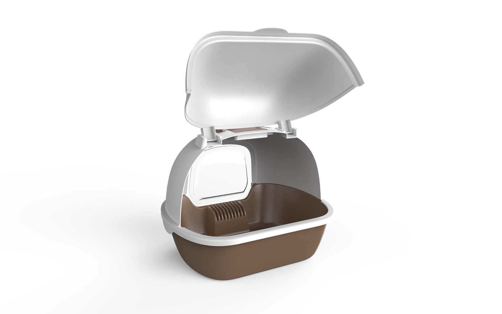 Pet litter box with a brown base and white lid on a white background at Pet Servo