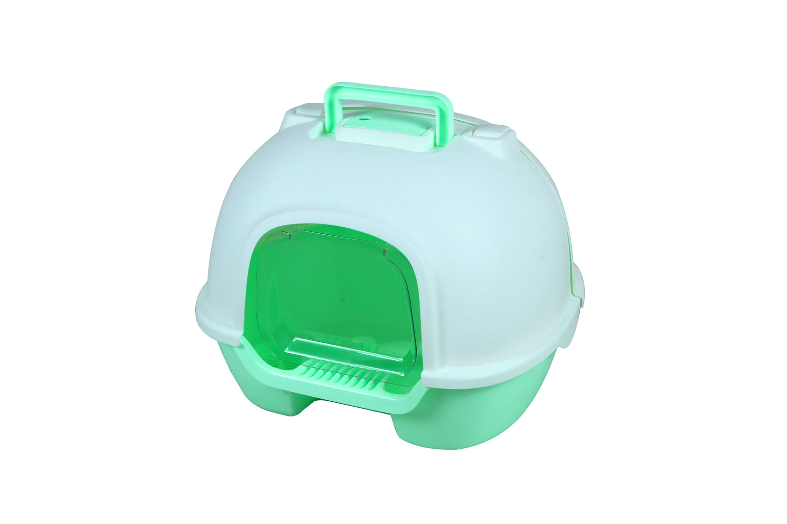 Green and white pet litter box with a transparent green door on a white background at Pet Servo