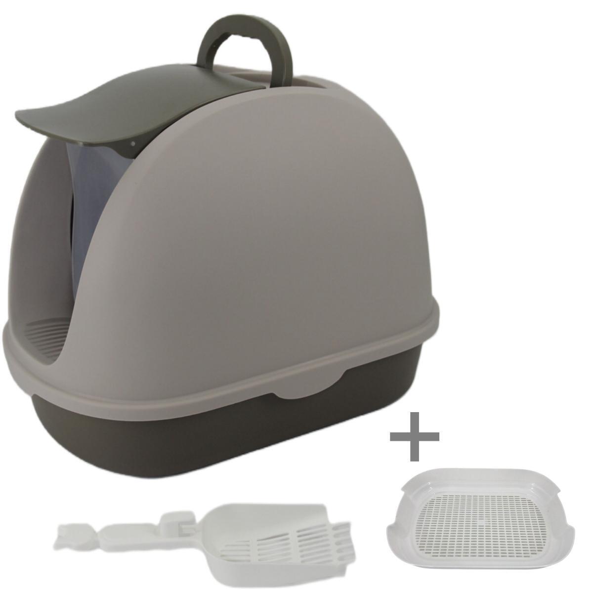 Gray pet litter box with accessories on a white background at Pet Servo