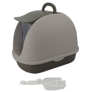 Gray pet litter box with a handle on a white background at Pet Servo