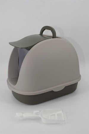 Gray pet litter box with a scoop on a white background at Pet Servo