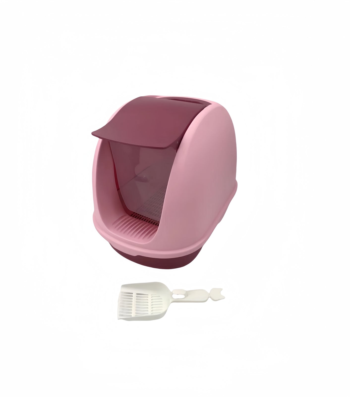 Pink pet litter box with a white scoop on a white background at Pet Servo